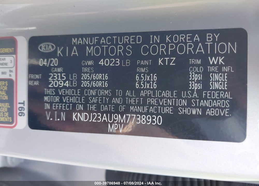 2021 KIA SOUL !/+/S VIN: KNDJ23AU9M7738930