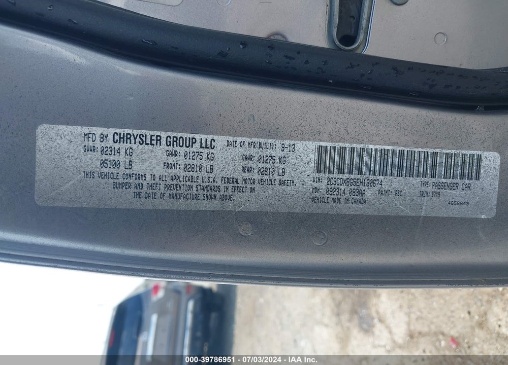 2014 DODGE CHARGER SE VIN: 2C3CDXBG5EH130674