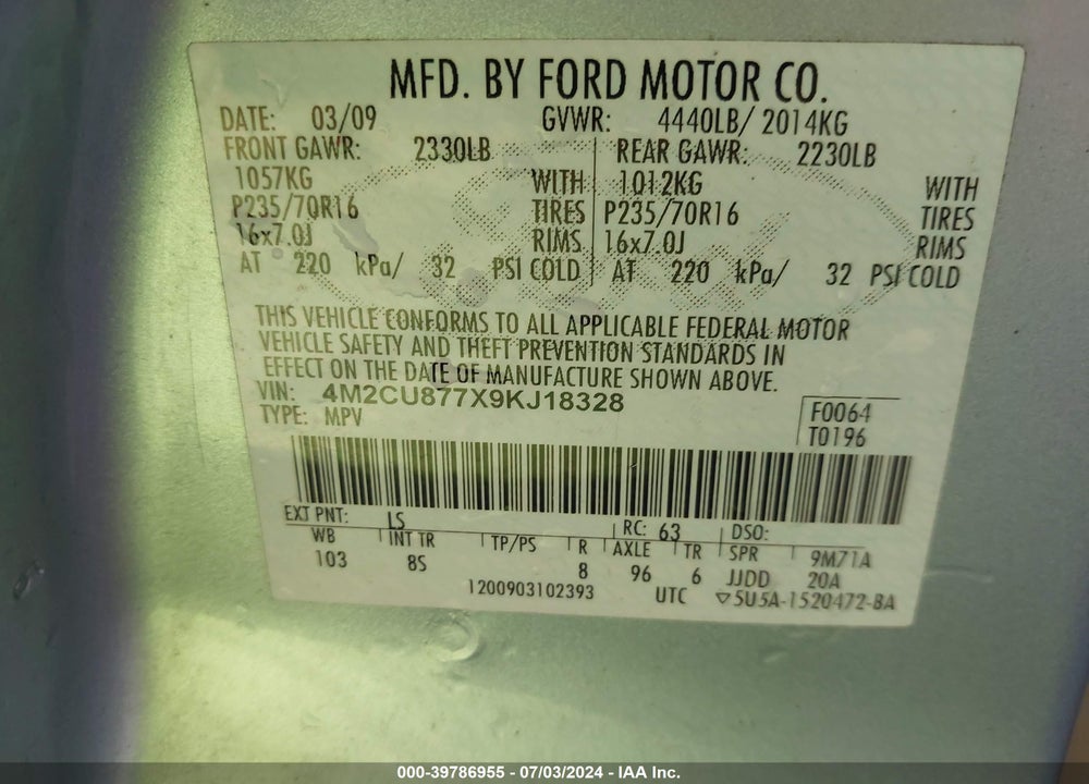 2009 MERCURY MARINER PREMIER VIN: 4M2CU877X9KJ18328