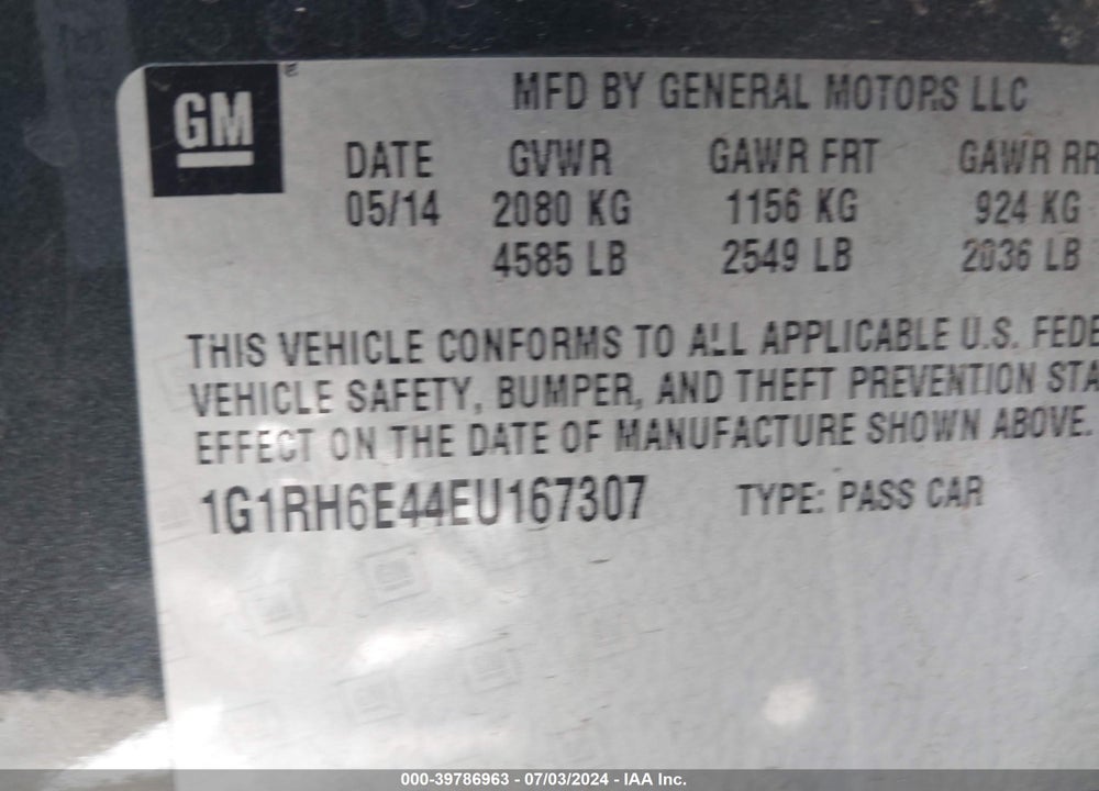 2014 CHEVROLET VOLT VIN: 1G1RH6E44EU167307