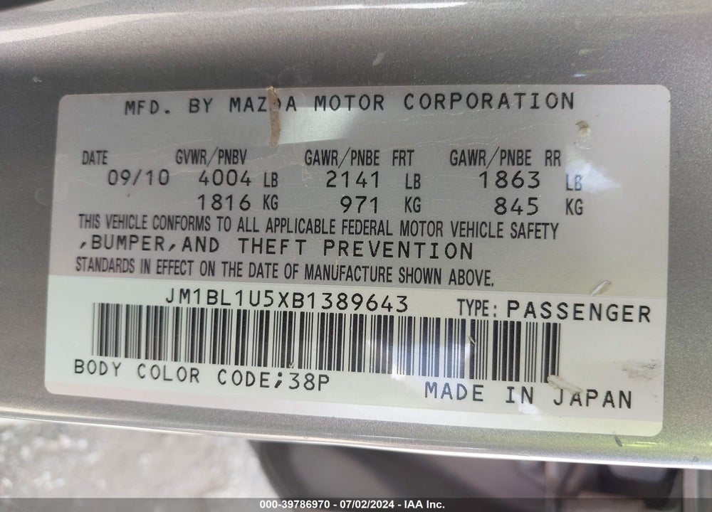 2011 MAZDA 3 S SPORT VIN: JM1BL1U5XB1389643