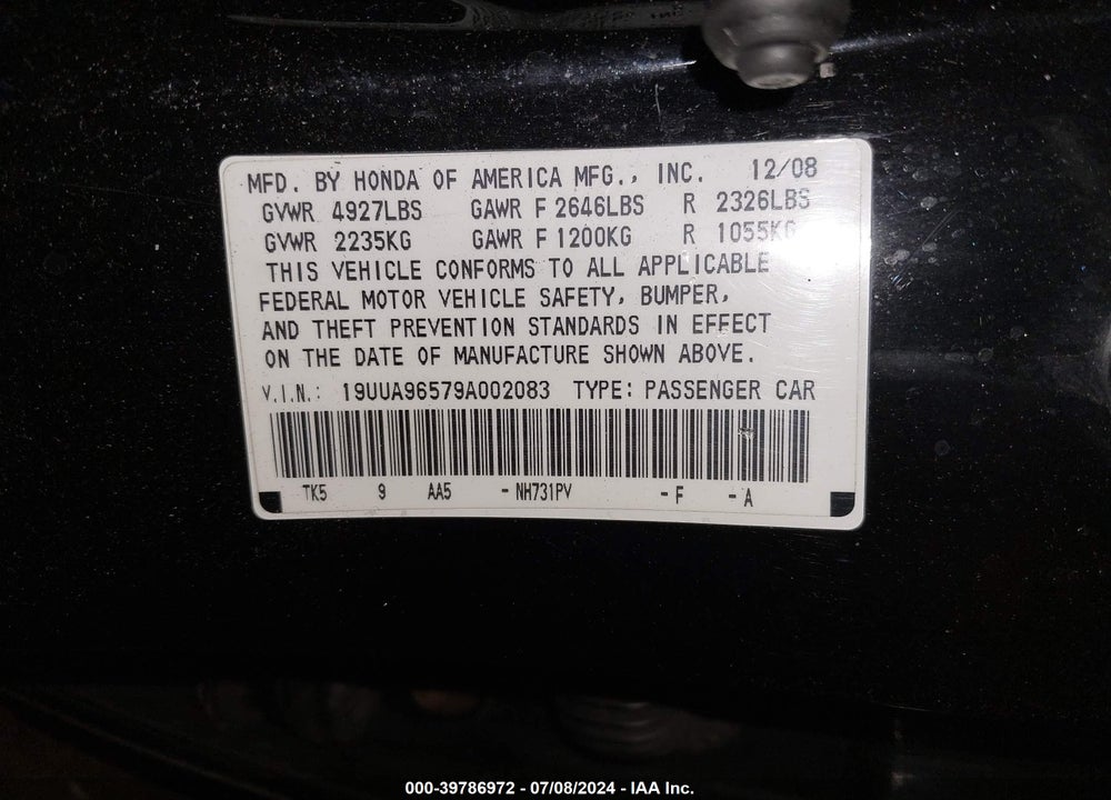 2009 ACURA TL 3.7 VIN: 19UUA96579A002083