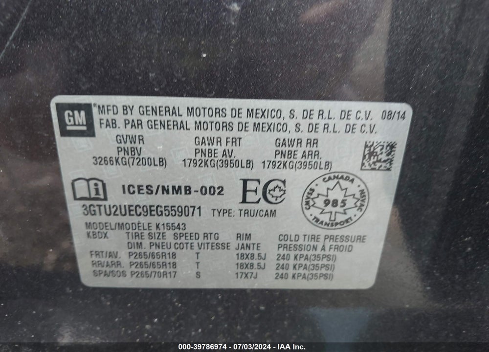 2014 GMC SIERRA 1500 SLE VIN: 3GTU2UEC9EG559071