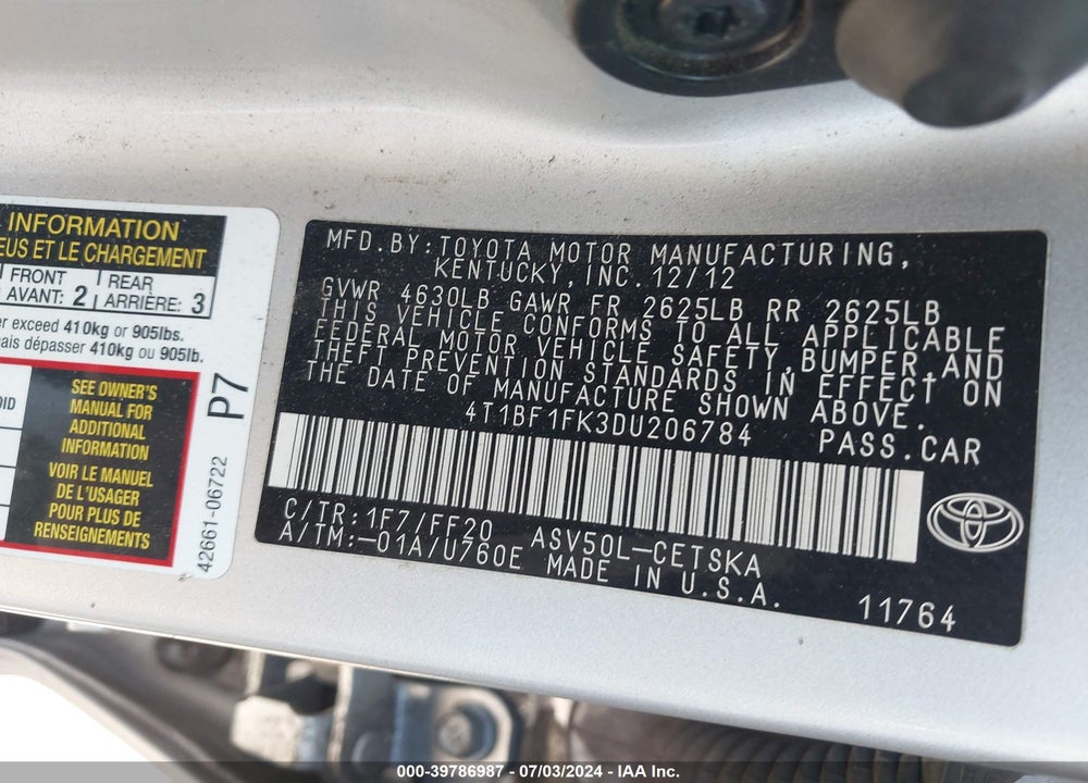 2013 TOYOTA CAMRY SE VIN: 4T1BF1FK3DU206784