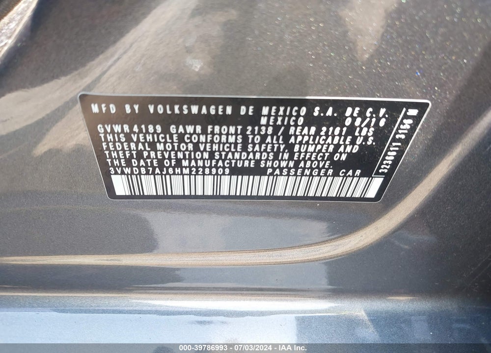2017 VOLKSWAGEN JETTA 1.4T SE VIN: 3VWDB7AJ6HM228909