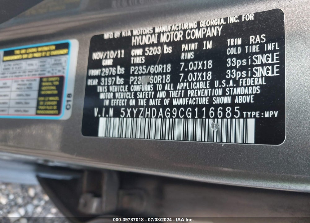 2012 HYUNDAI SANTA FE SE VIN: 5XYZHDAG9CG116685