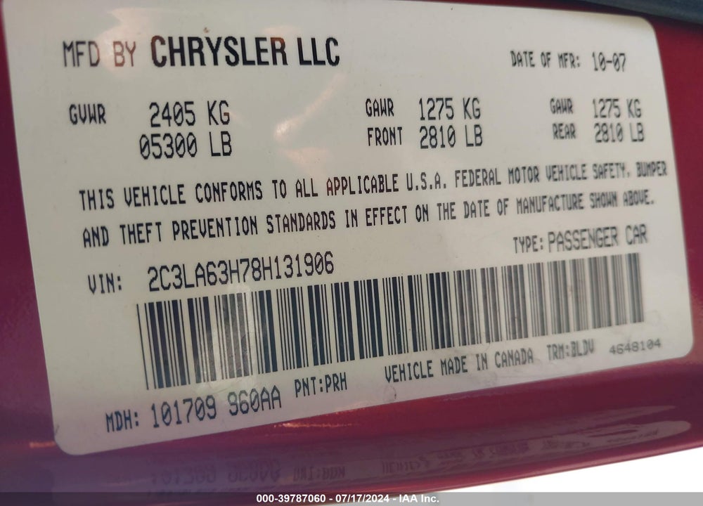 2008 CHRYSLER 300C HEMI VIN: 2C3LA63H78H131906