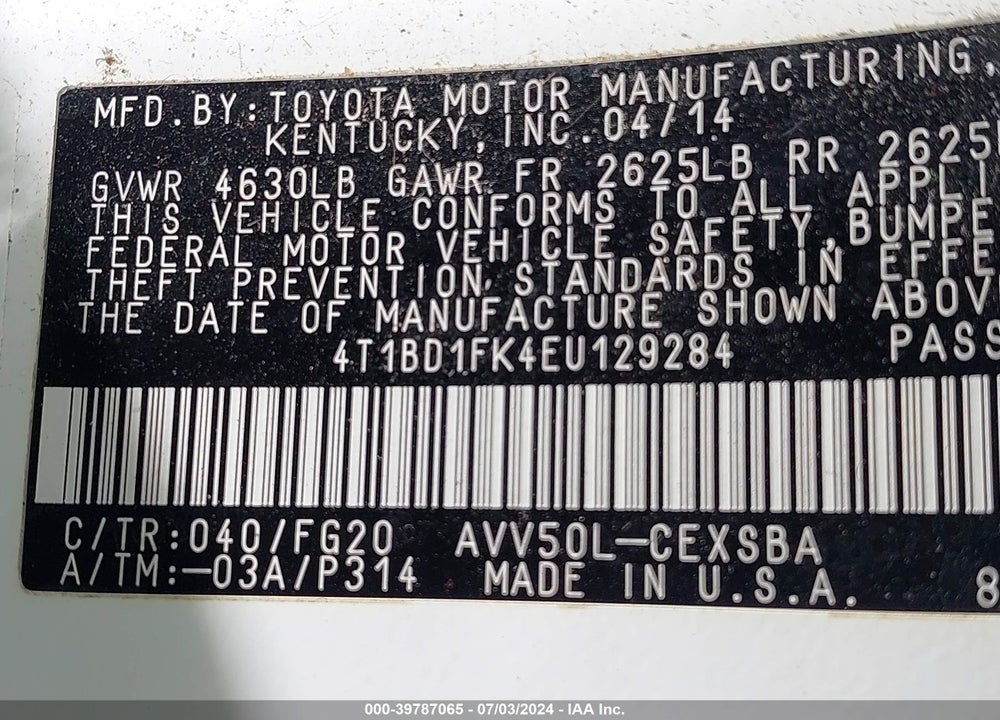 2014 TOYOTA CAMRY HYBRID SE LIMITED EDITION VIN: 4T1BD1FK4EU129284