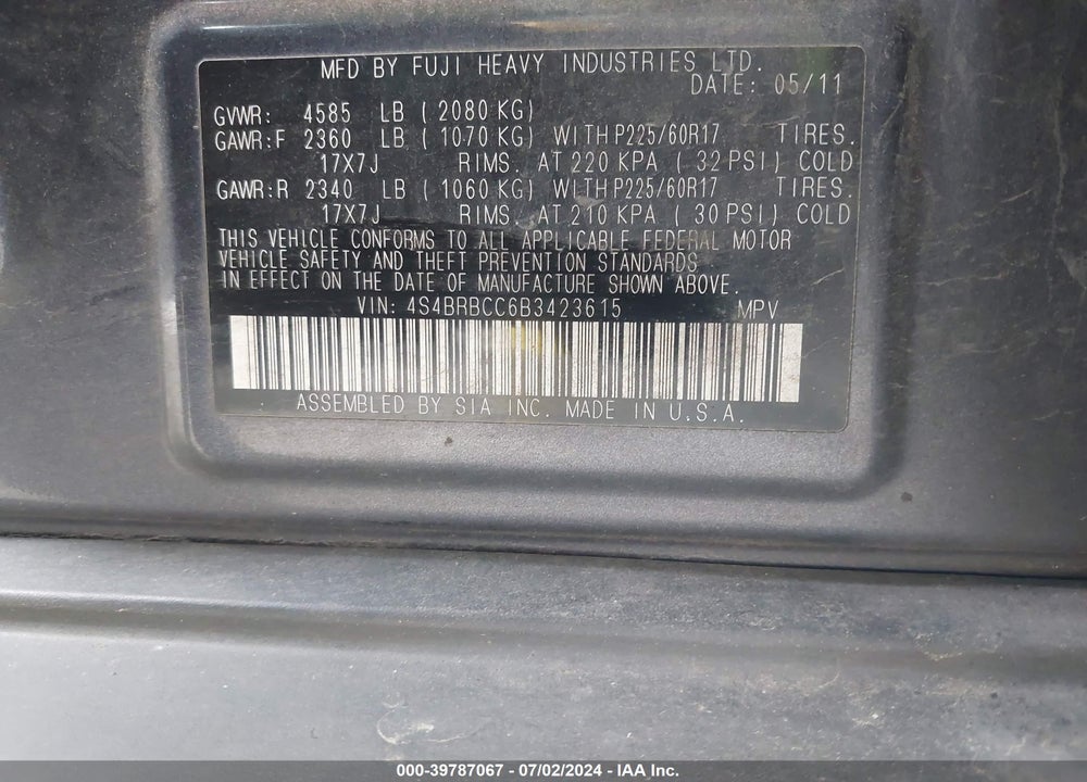 2011 SUBARU OUTBACK 2.5I PREMIUM VIN: 4S4BRBCC6B3423615