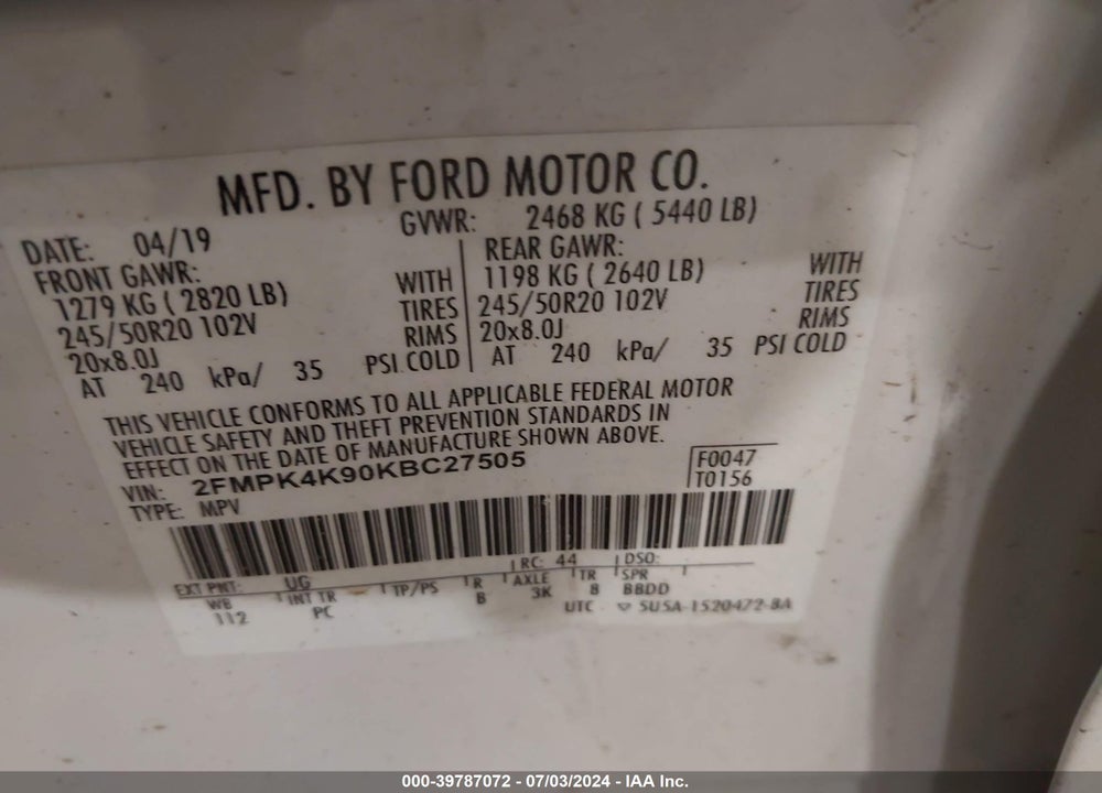 2019 FORD EDGE TITANIUM VIN: 2FMPK4K90KBC27505