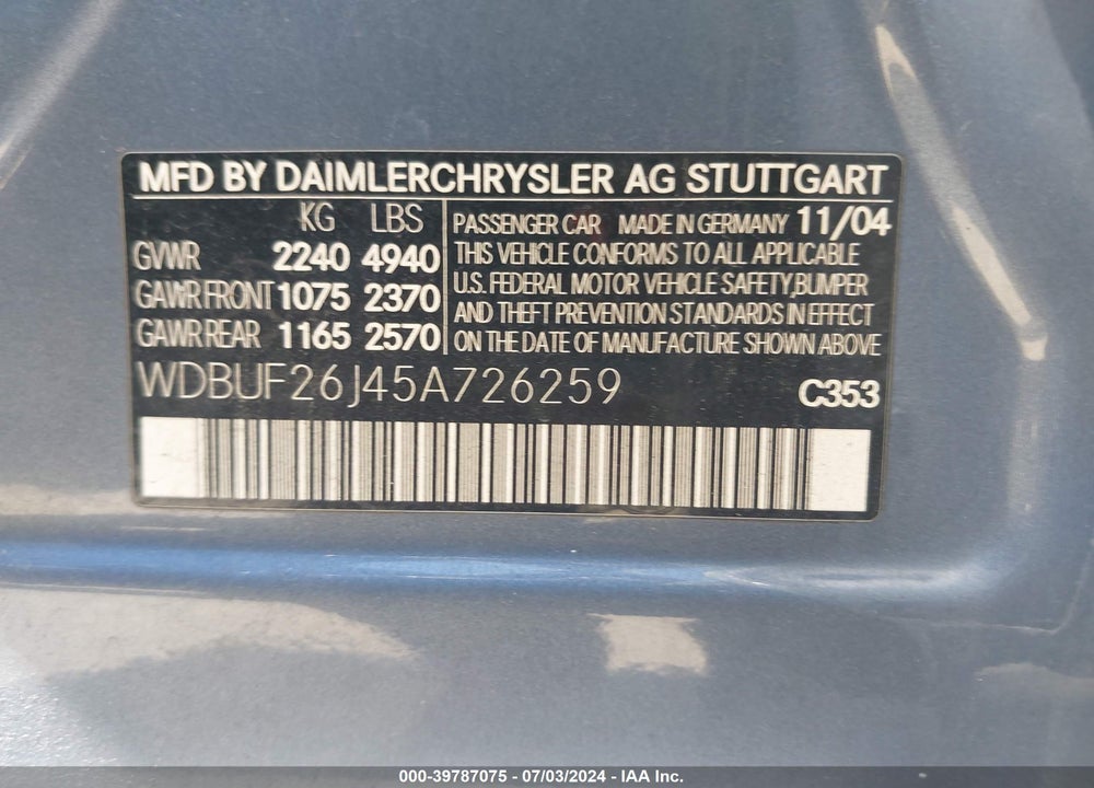 2005 MERCEDES-BENZ E 320 CDI VIN: WDBUF26J45A726259