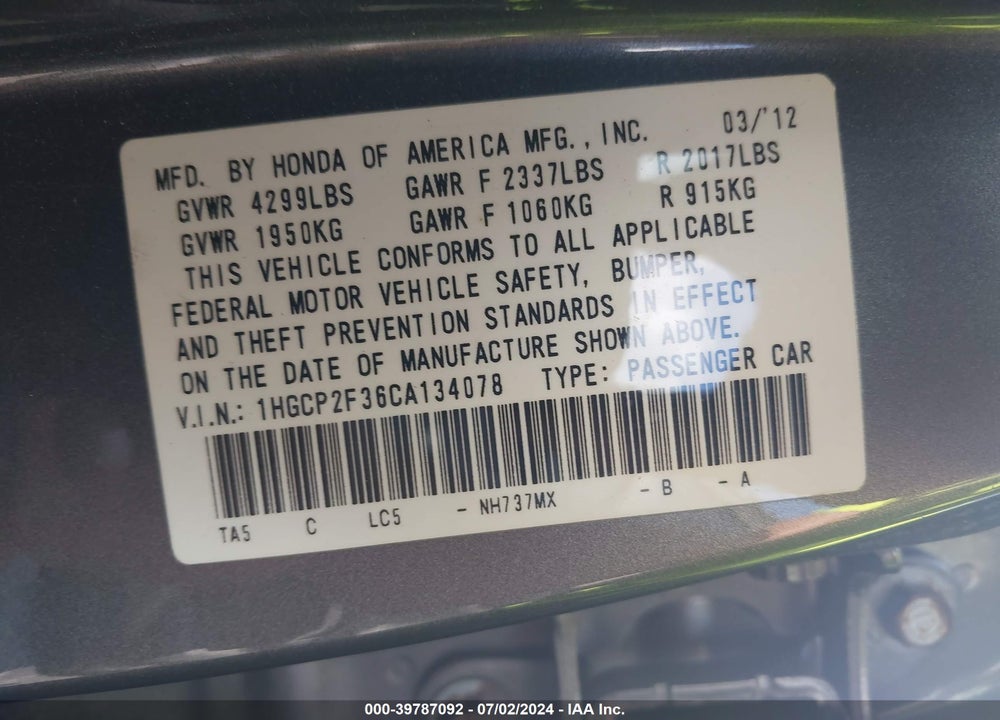 2012 HONDA ACCORD 2.4 LX VIN: 1HGCP2F36CA134078