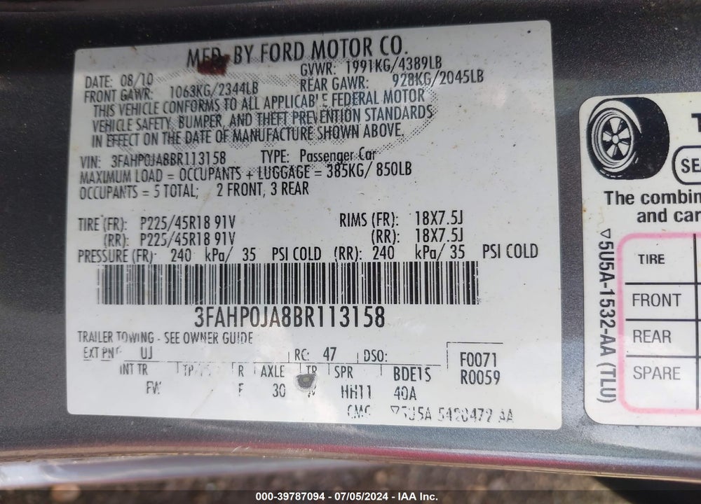 2011 FORD FUSION SEL VIN: 3FAHP0JA8BR113158
