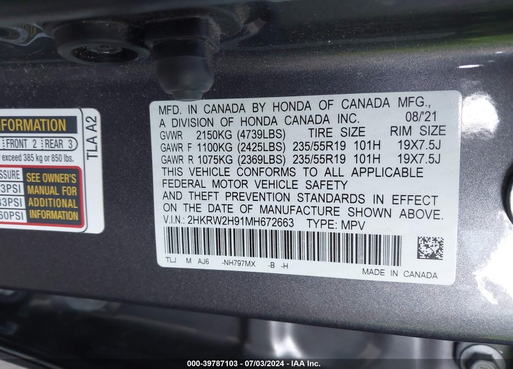 2021 HONDA CR-V AWD TOURING VIN: 2HKRW2H91MH672663