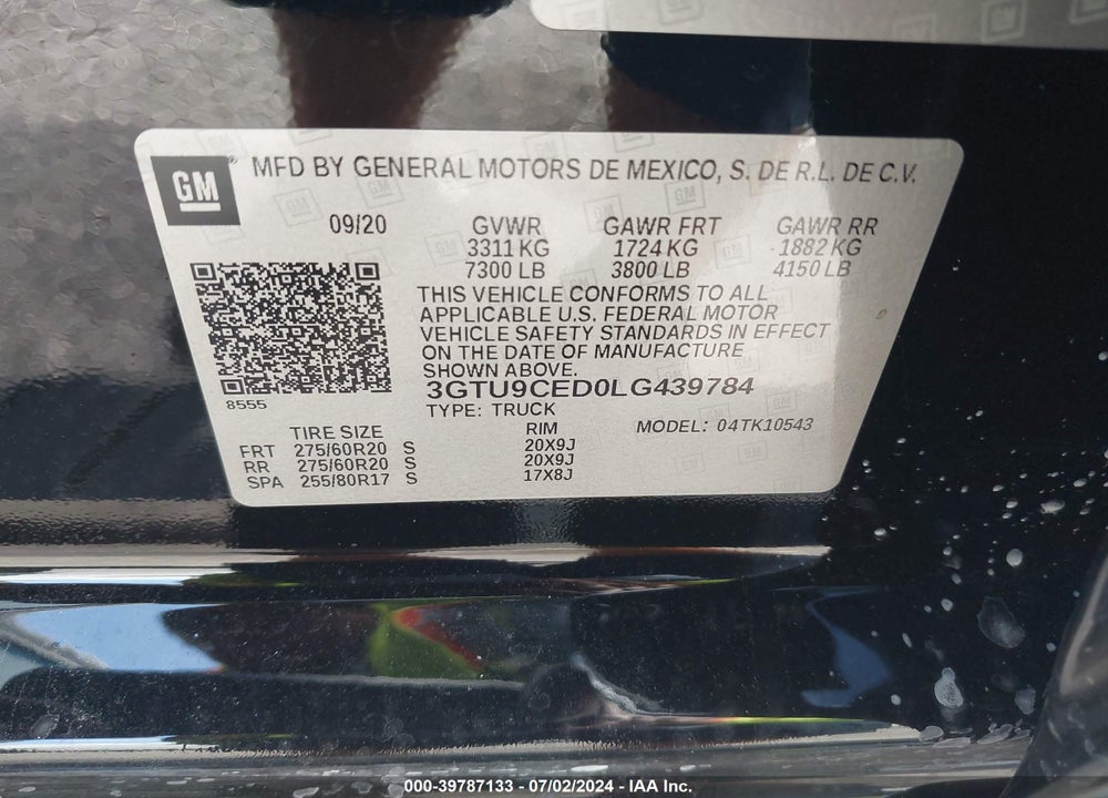 2020 GMC SIERRA 1500 VIN: 3GTU9CED0LG439784