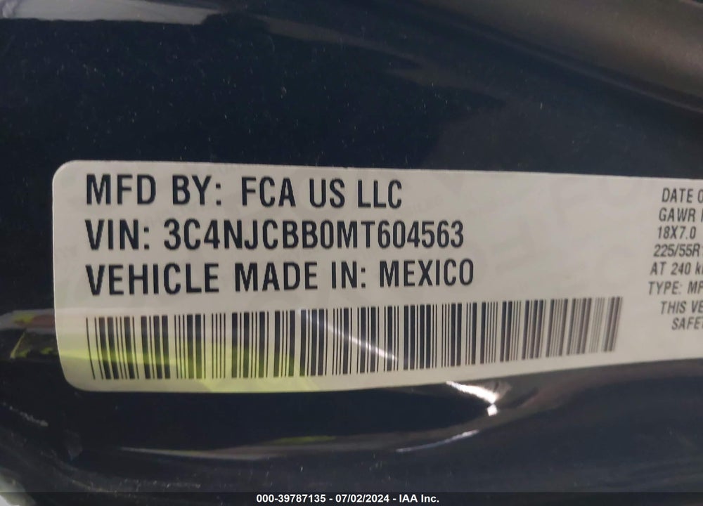2021 JEEP COMPASS ALTITUDE FWD VIN: 3C4NJCBB0MT604563