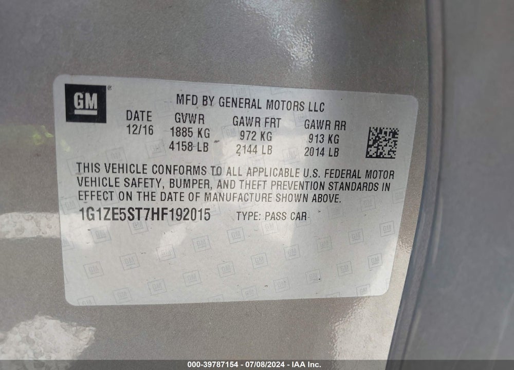 2017 CHEVROLET MALIBU VIN: 1G1ZE5ST7HF192015