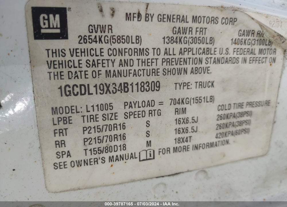 2004 CHEVROLET ASTRO VIN: 1GCDL19X34B118309