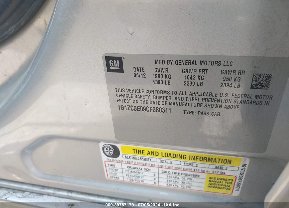 2012 CHEVROLET MALIBU 1LT VIN: 1G1ZC5E09CF380311