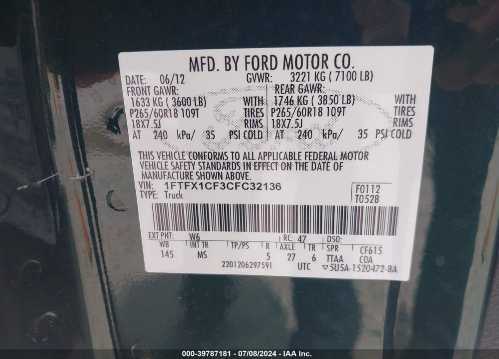 2012 FORD F-150 XLT VIN: 1FTFX1CF3CFC32136