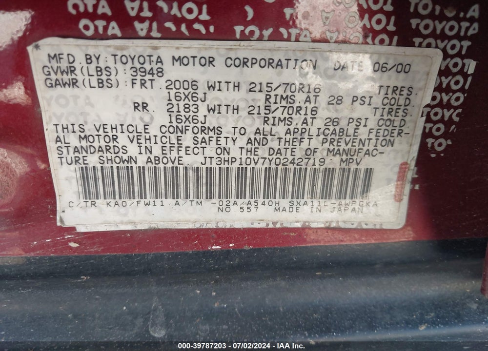 2000 TOYOTA RAV4 VIN: JT3HP10V7Y0242719