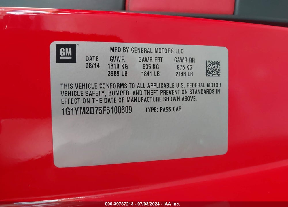 2015 CHEVROLET CORVETTE STINGRAY Z51 VIN: 1G1YM2D75F5100609