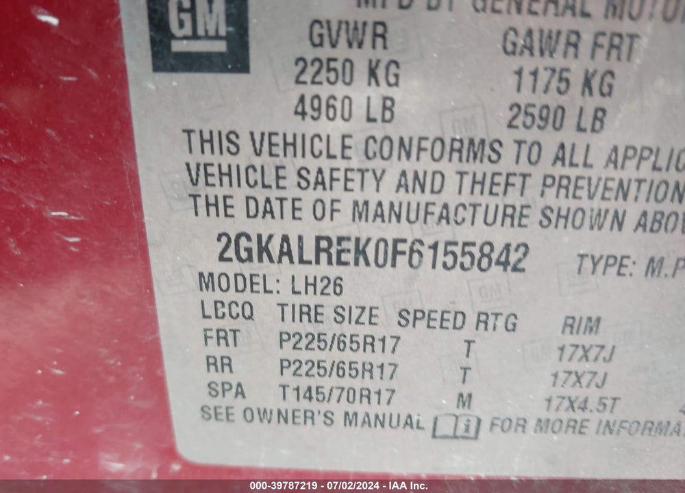 2015 GMC TERRAIN SLE-2 VIN: 2GKALREK0F6155842