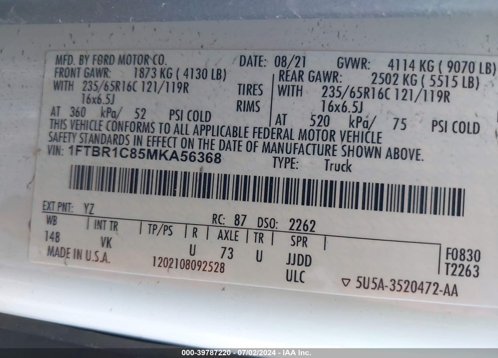 2021 FORD TRANSIT-250 VIN: 1FTBR1C85MKA56368