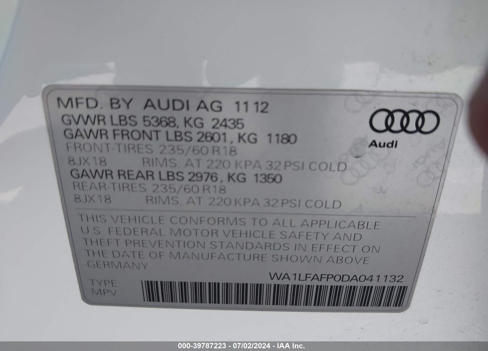 2013 AUDI Q5 2.0T PREMIUM VIN: WA1LFAFP0DA041132