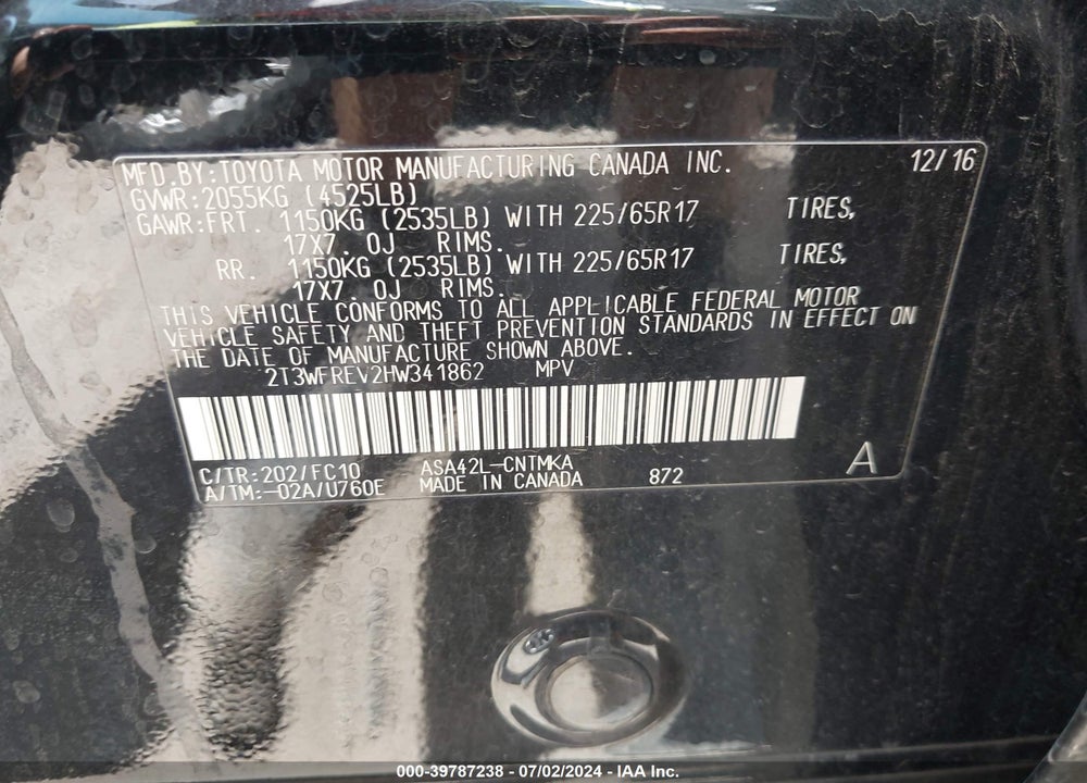 2017 TOYOTA RAV4 XLE VIN: 2T3WFREV2HW341862