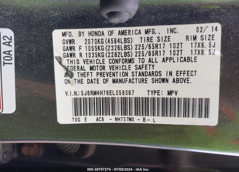 2014 HONDA CR-V EX-L VIN: 5J6RM4H76EL059087