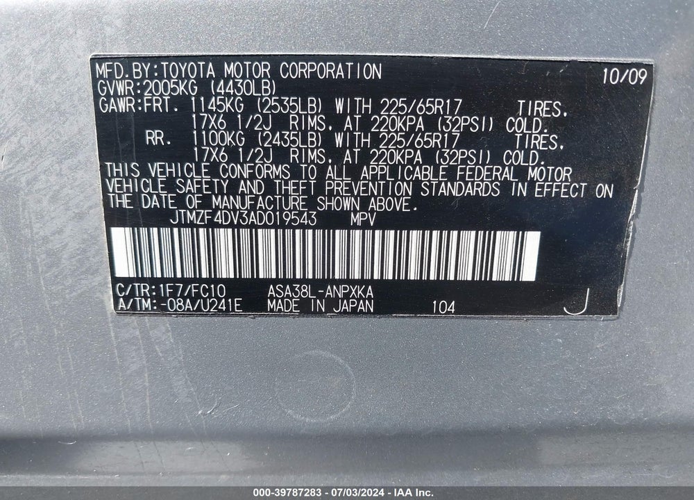 2010 TOYOTA RAV4 VIN: JTMZF4DV3AD019543
