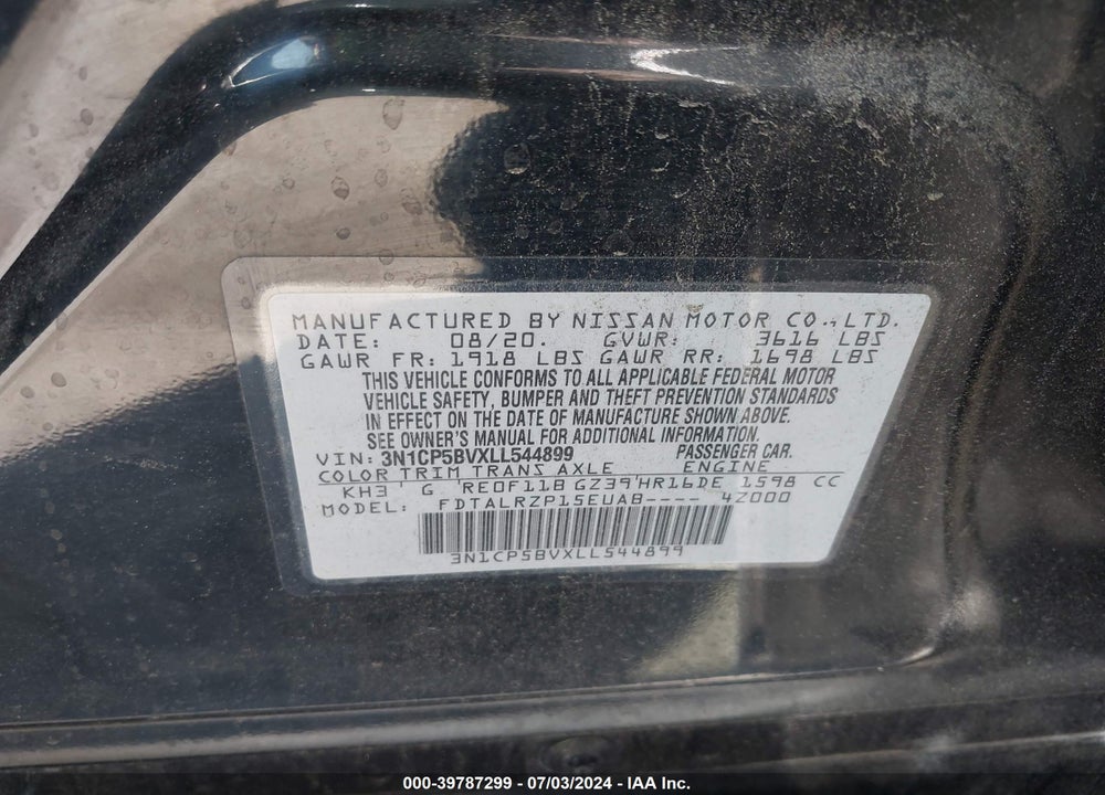 2020 NISSAN KICKS S XTRONIC CVT VIN: 3N1CP5BVXLL544899