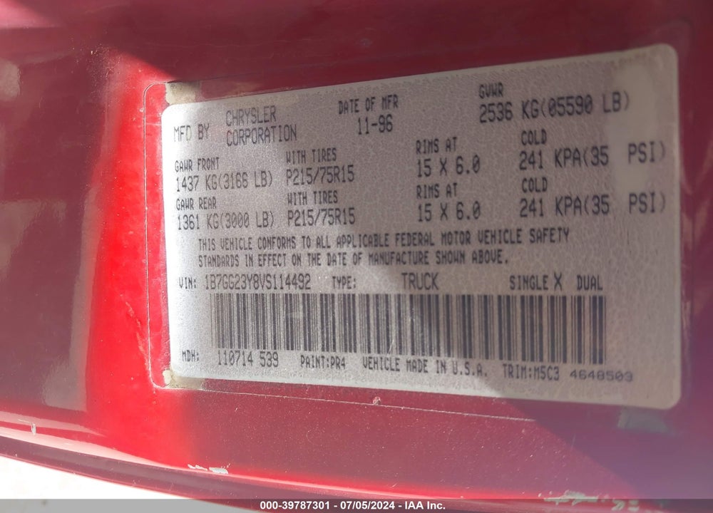 1997 DODGE DAKOTA SLT/SPORT VIN: 1B7GG23Y8VS114492