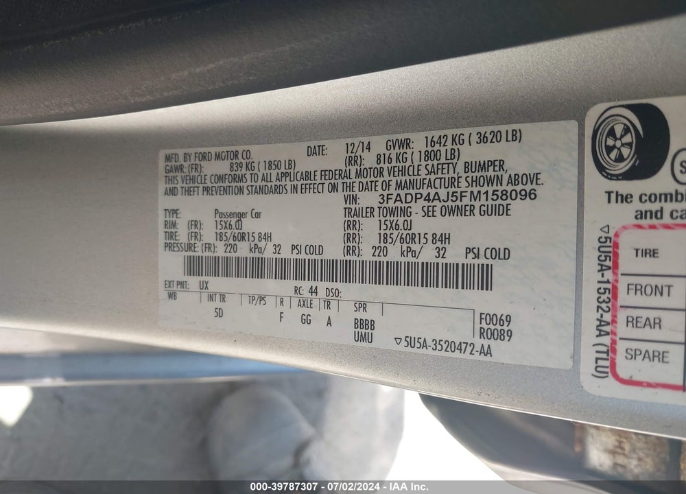 2015 FORD FIESTA S VIN: 3FADP4AJ5FM158096