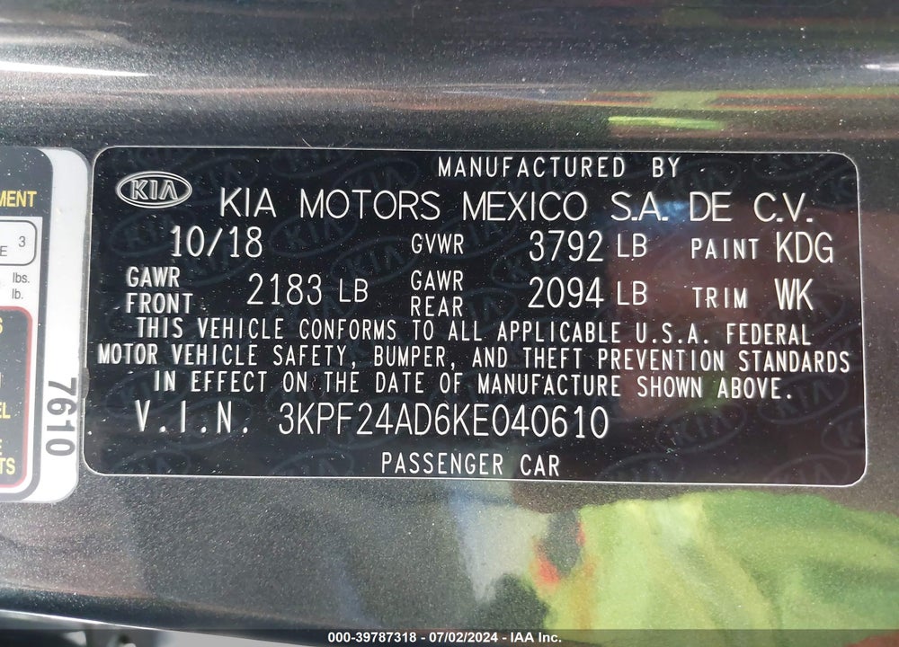 2019 KIA FORTE LXS VIN: 3KPF24AD6KE040610
