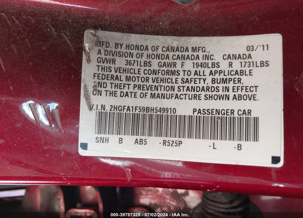 2011 HONDA CIVIC LX VIN: 2HGFA1F59BH549910