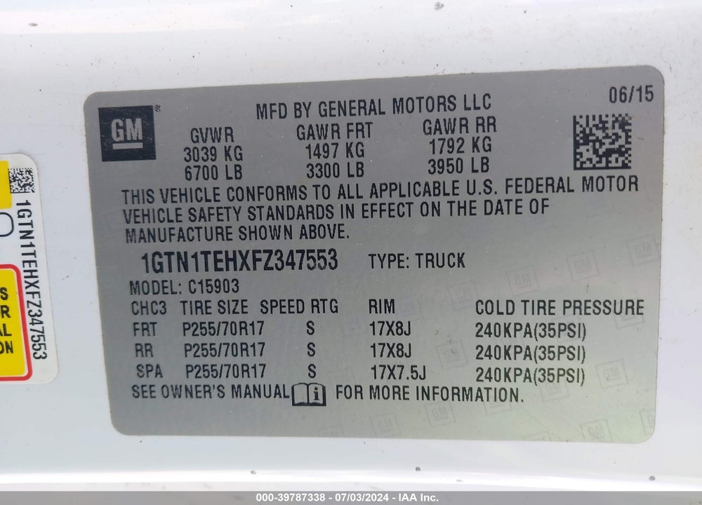 2015 GMC SIERRA 1500 VIN: 1GTN1TEHXFZ347553