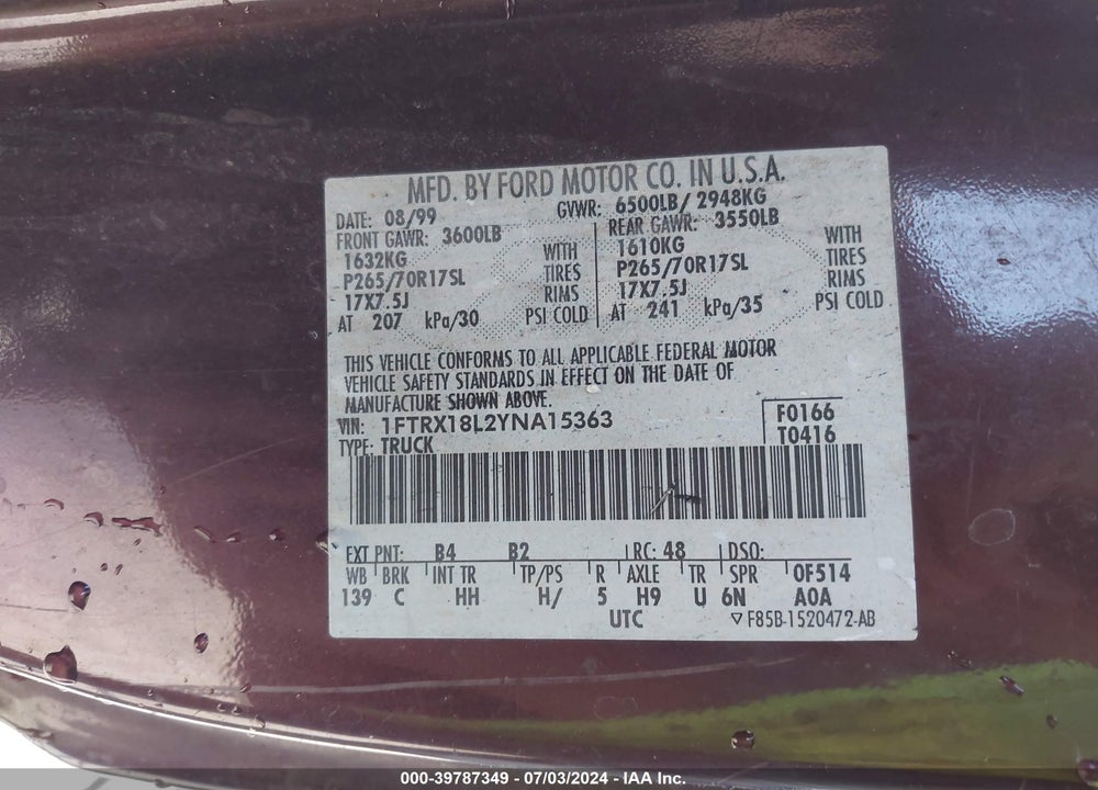 2000 FORD F-150 VIN: 1FTRX18L2YNA15363