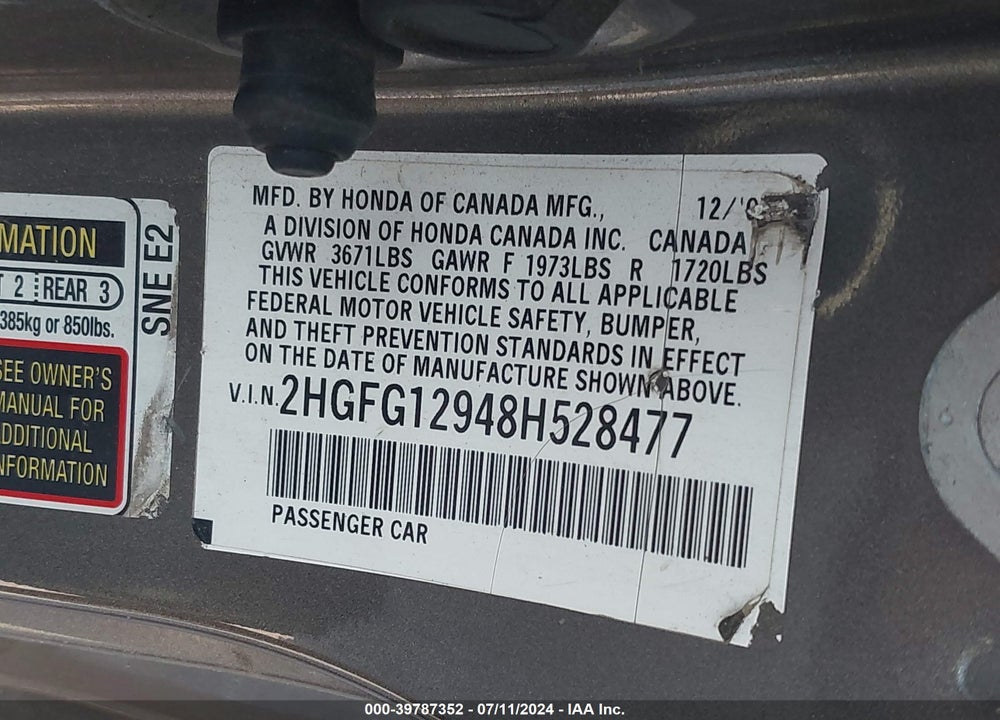 2008 HONDA CIVIC VIN: 2HGFG12948H528477