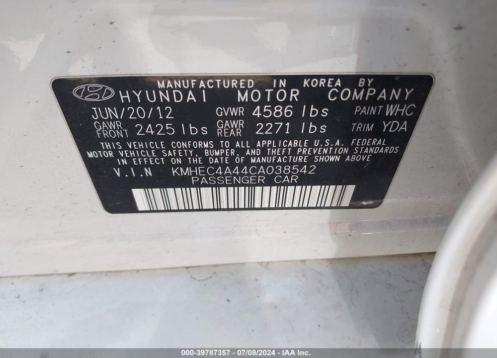 2012 HYUNDAI SONATA HYBRID VIN: KMHEC4A44CA038542