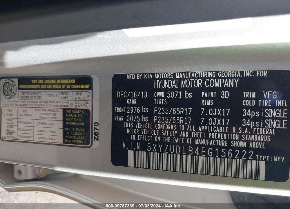 2014 HYUNDAI SANTA FE SPORT 2.4L VIN: 5XYZUDLB4EG156222