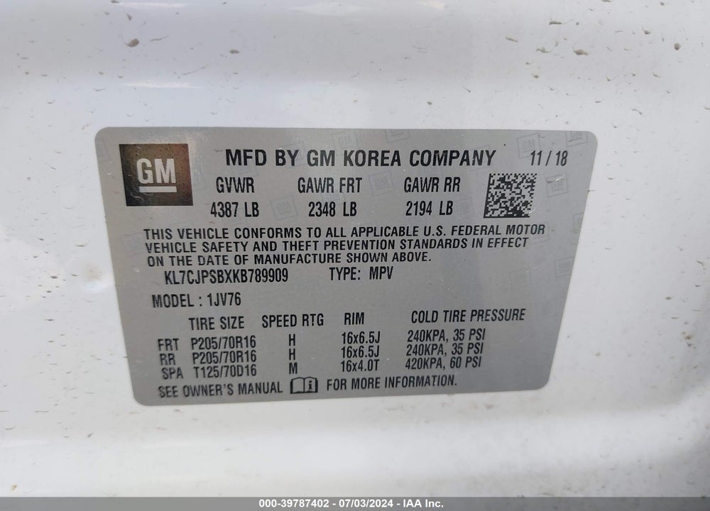 2019 CHEVROLET TRAX LT VIN: KL7CJPSBXKB789909
