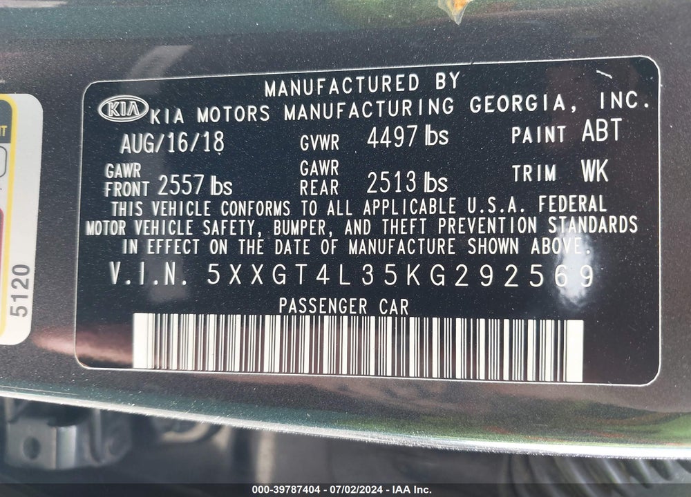 2019 KIA OPTIMA LX VIN: 5XXGT4L35KG292569
