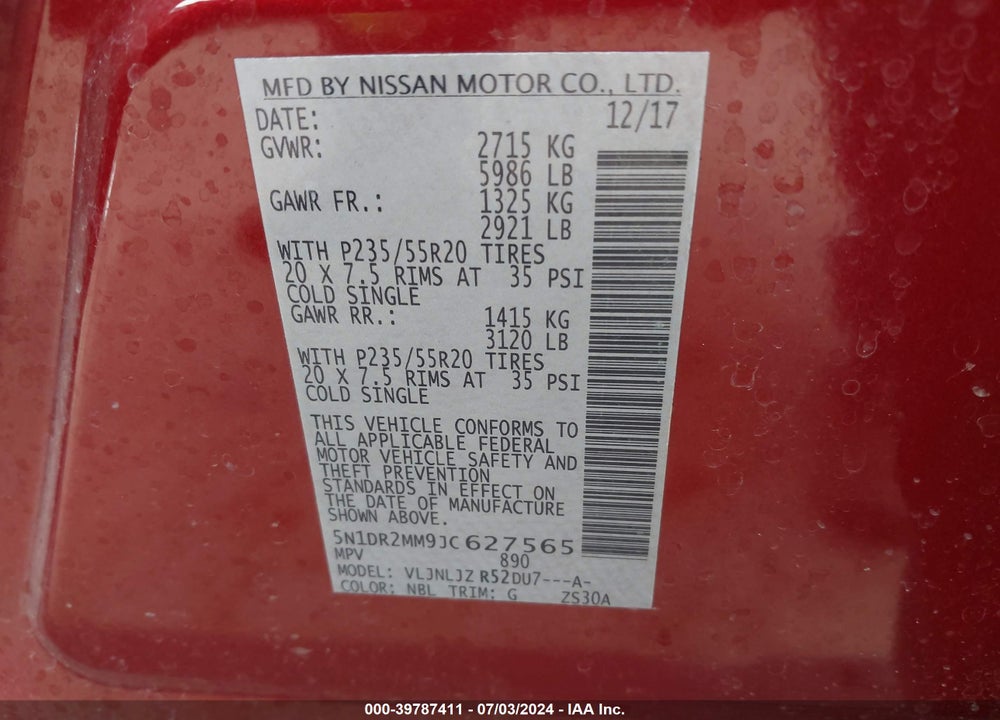 2018 NISSAN PATHFINDER PLATINUM VIN: 5N1DR2MM9JC627565