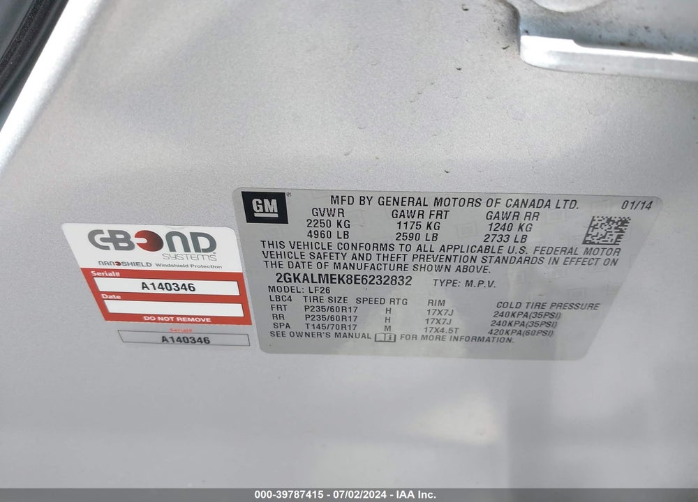2014 GMC TERRAIN SLE-1 VIN: 2GKALMEK8E6232832