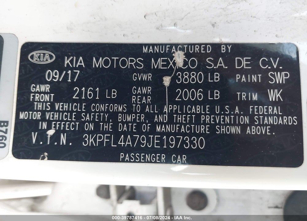 2018 KIA FORTE LX VIN: 3KPFL4A79JE197330