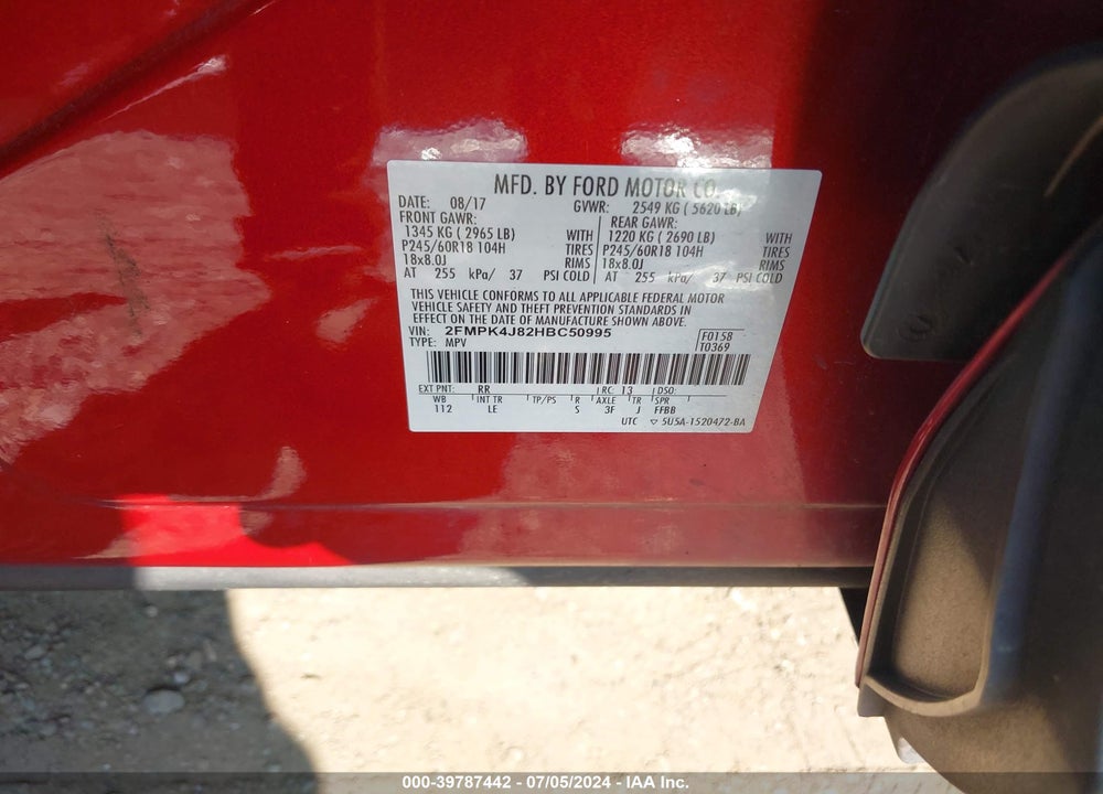 2017 FORD EDGE SEL VIN: 2FMPK4J82HBC50995