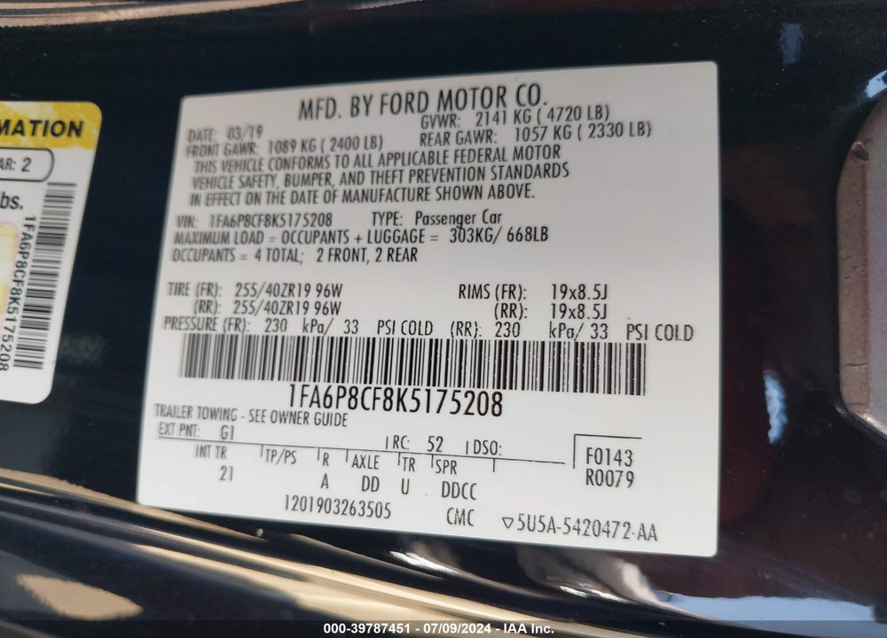 2019 FORD MUSTANG GT VIN: 1FA6P8CF8K5175208