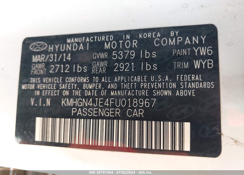2015 HYUNDAI GENESIS 3.8 VIN: KMHGN4JE4FU018967